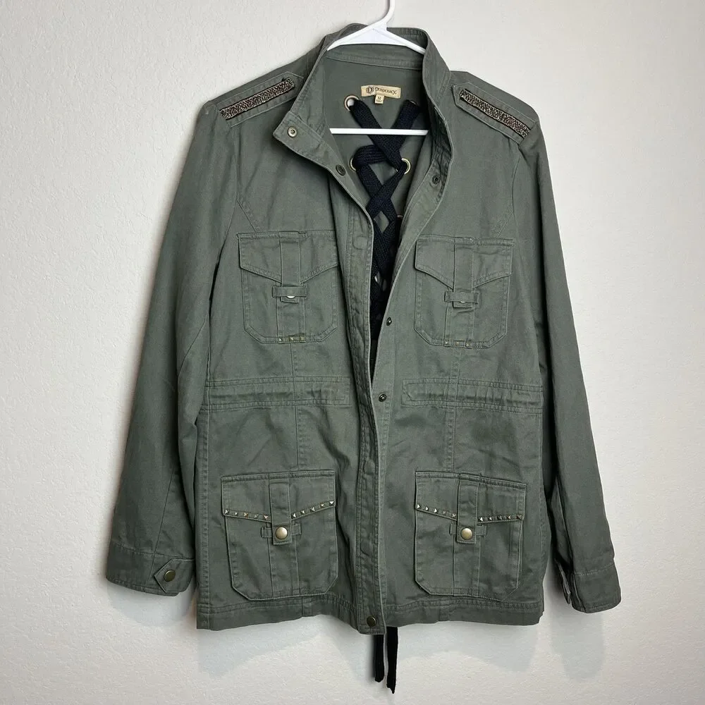 Democracy Jacket Womens M‎ Green 100% Cotton Military Snap Front Studded Lace Up